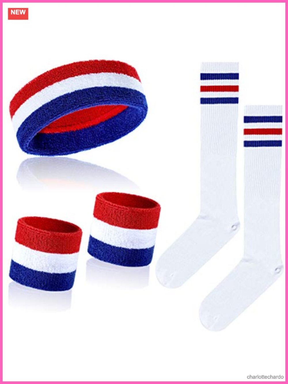 Striped Sweatband Set Headband Wristbands High Tube Socks 5 Pc